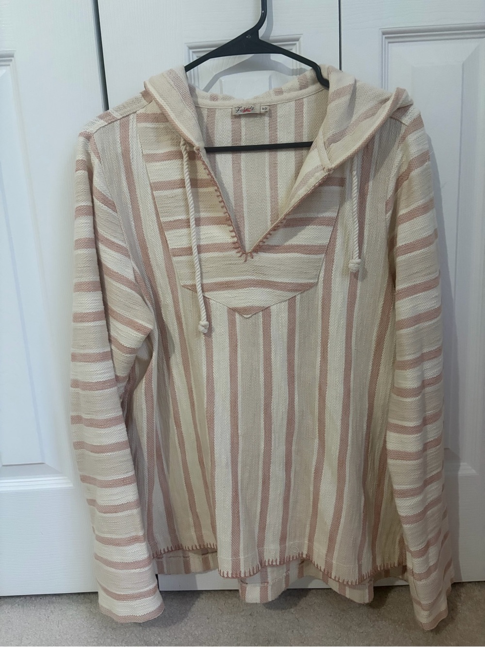 Faherty Cream and Light Pink Striped V-Neck Hoodie Sweater